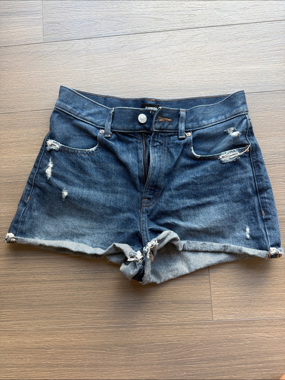 Express Dark Blue Distressed Denim Shortalls